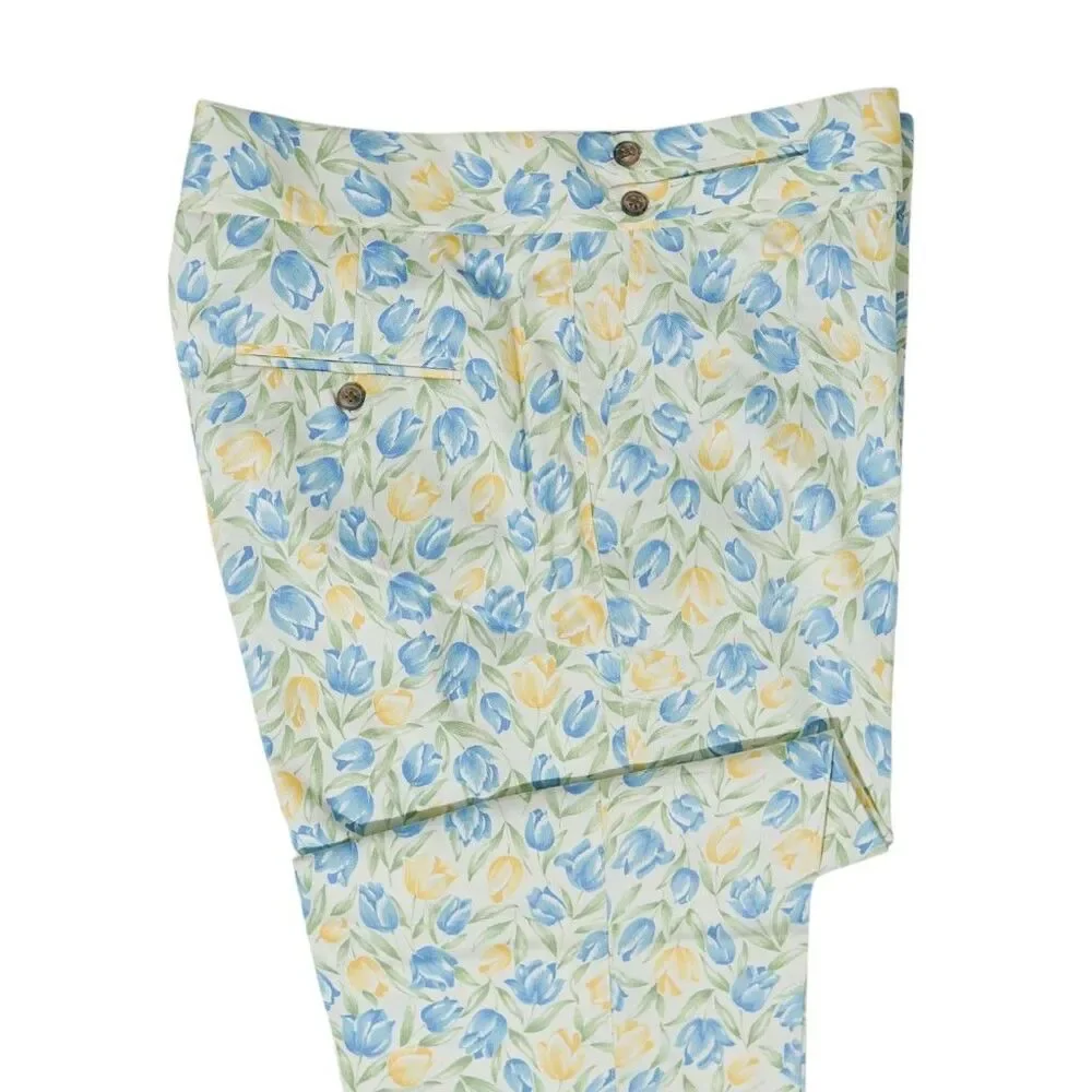 Mens Gurkha Pants 38 Blue Orange Green Floral Trousers Straight Fit Flat Front